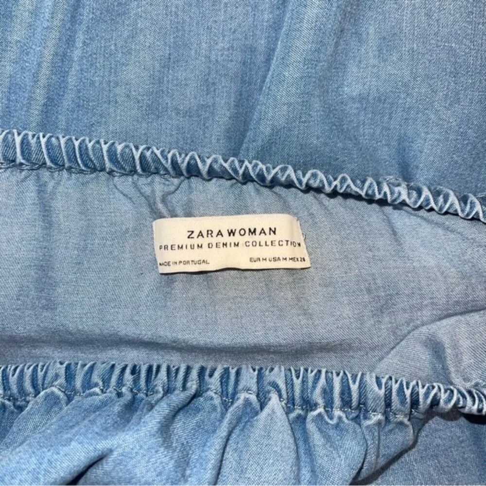 Zara Dress Size Medium Blue Denim Tiered Puff Sleeves Mini Off-The-Shoulder Jean